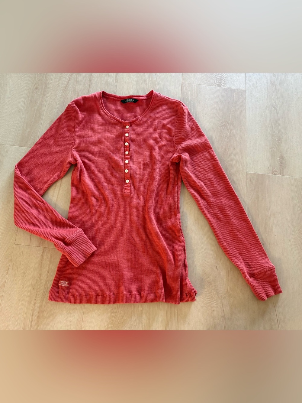 Vintage Lauren Ralph Lauren Ribbed Henley Top orange long sleeve Y2K Preppy